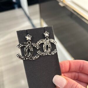 Chanel 24K Ruthenium Crystal Dangle CC Earrings